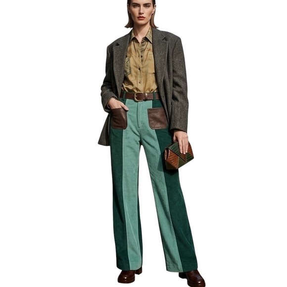 Sveti Stefan Pants - Sveti Stefan Green Colorblock Corduroy Wide Leg High Rise Trousers Size US 4